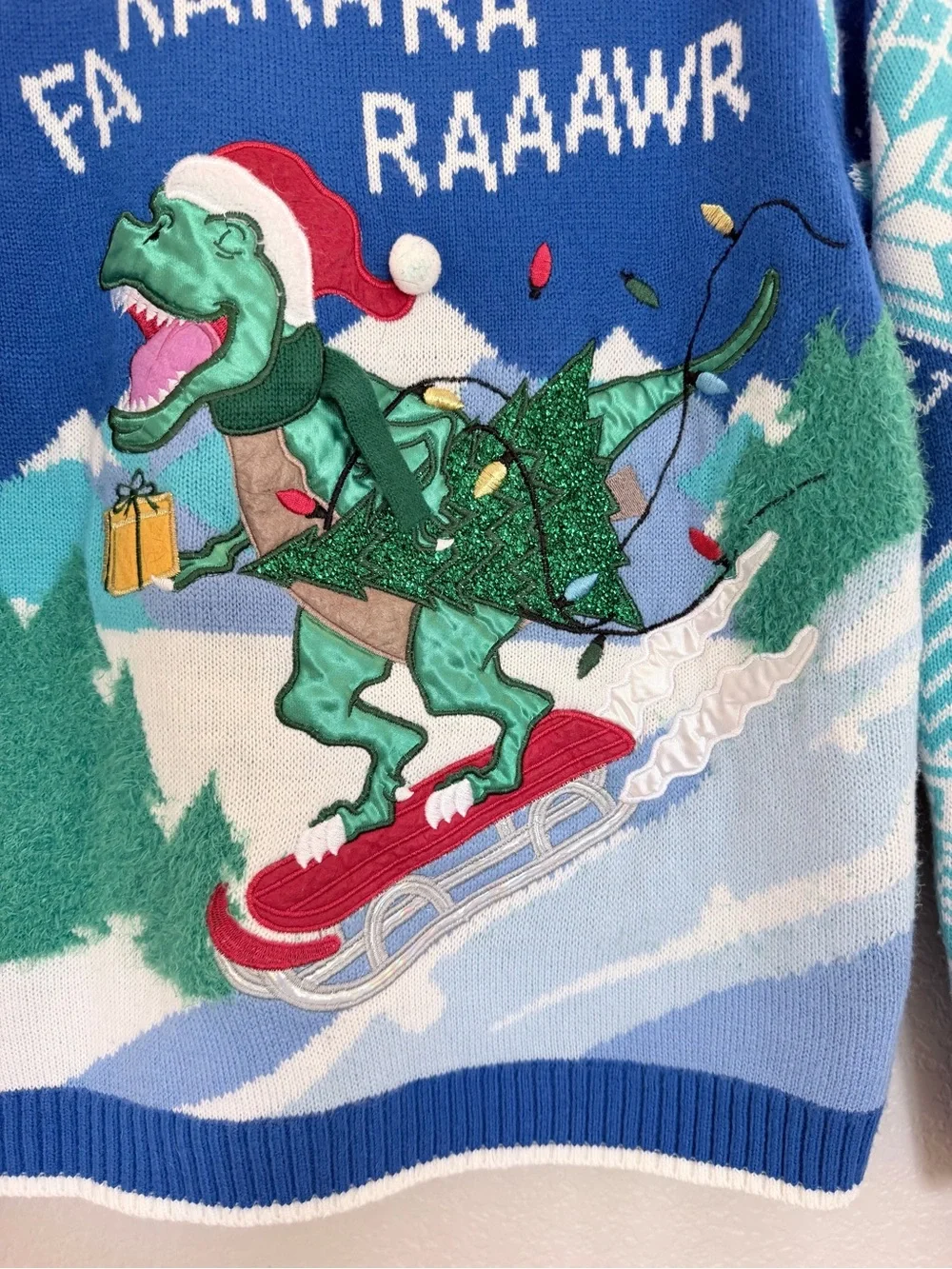 Blizzard Bay Ugly Christmas Sweater - T-Rex Dinosaur Sledding - Men's Medium